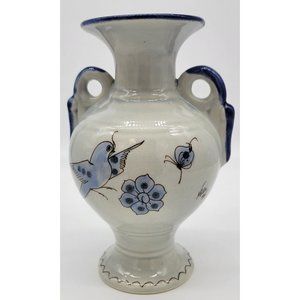 Signed Tonala Handpainted 8 3/4" Mexican Vase With Bird & Flowers